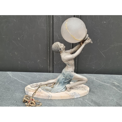 1395 - An Art Deco spelter and marble figural table lamp, 31.5cm high, (repair to shade).