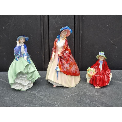 1399 - Three Royal Doulton figures, comprising 'Paisley Shawl', HN1987; 'Top o' the Hill', HN1833; and 'Lin... 