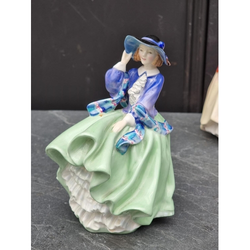 1399 - Three Royal Doulton figures, comprising 'Paisley Shawl', HN1987; 'Top o' the Hill', HN1833; and 'Lin... 