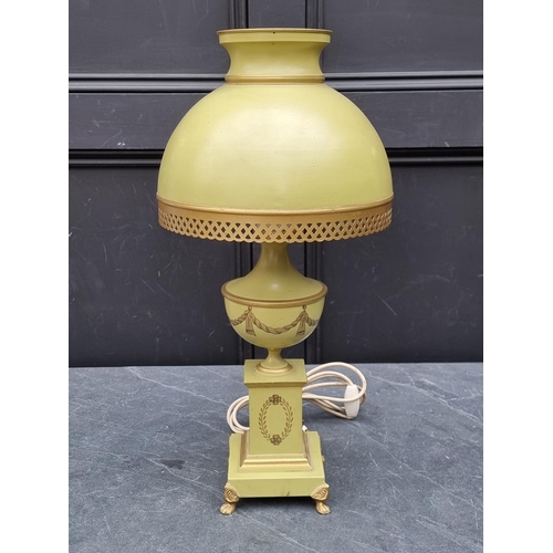 1408 - A green toleware style table lamp, total height 57cm.