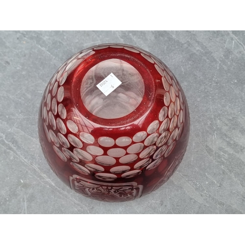 1414 - A Continental ruby flashed ovoid glass vase, with cut decoration, 19cm high; together with a bl... 