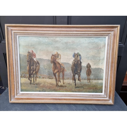 1440 - Liz Taylor, horse racing scene, signed and dated '95, oil on canvas, 50 x 75cm.