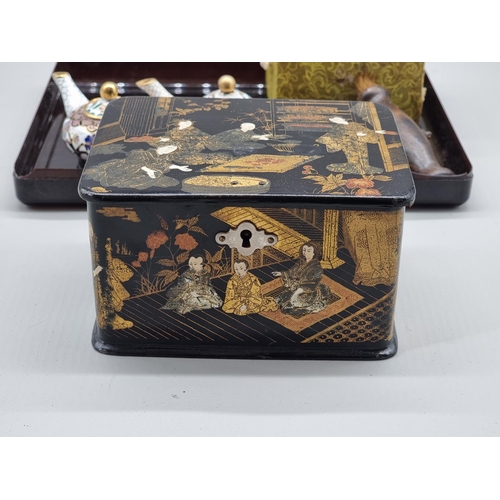 1480 - A small chinoiserie casket, 13.5cm wide; together with two miniature Chinese cloisonne enamel t... 