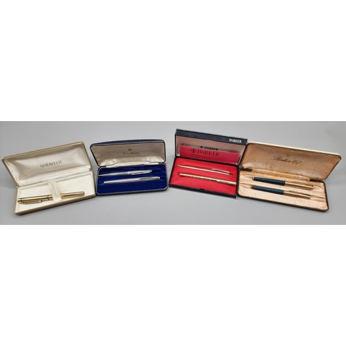 1502 - A group of vintage pens, comprising: a cased Parker silver pen set, circa 1964, (s.d. to one); a Par... 