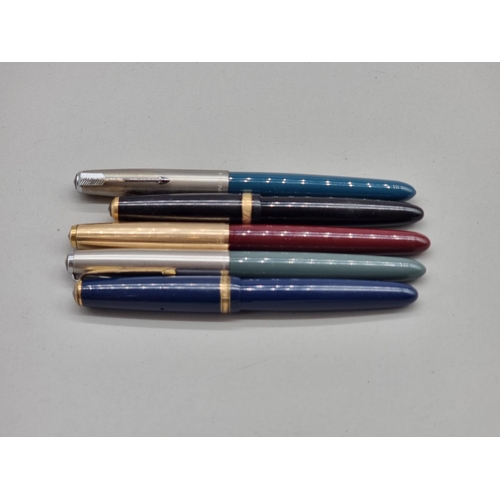 1505 - Three Parker 51 fountain pens; together with two Parker Duofold fountain pens, with 14K nibs. (5)... 