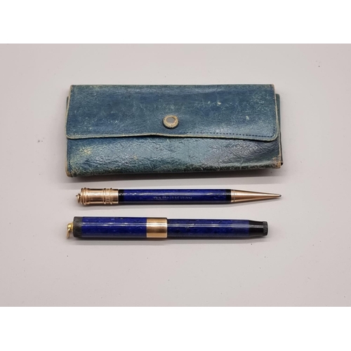 1507 - A vintage Parker 'Lucky Curve' blue and gilt fountain pen, with 14K nib; with matching propelling pe... 