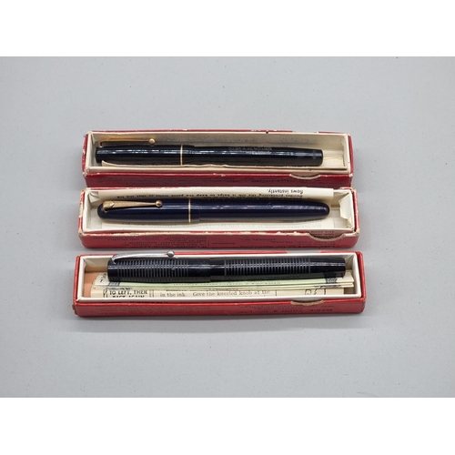 1512 - Three Mabie Todd fountain pens, to include a 'Blackbird' example, each with 14ct nibs, (one a.f.), e... 