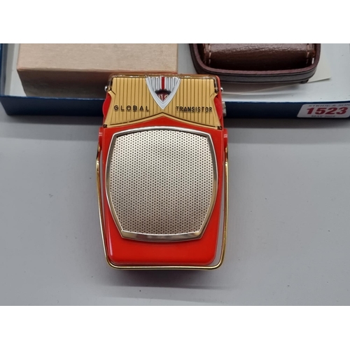 1523 - A vintage Japanese Global GR-711 6-Transitor pocket radio, with instructions, leather case, outer ca... 