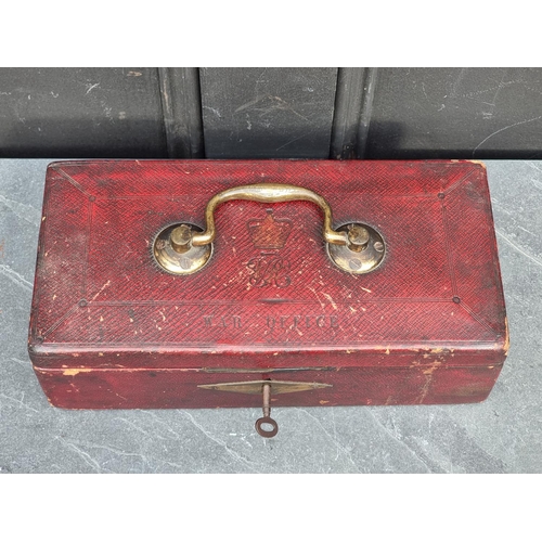 1534 - A rare Victorian red leather 'War Office' dispatch box, with crown and VR cypher, inscribed 'Wickwar... 