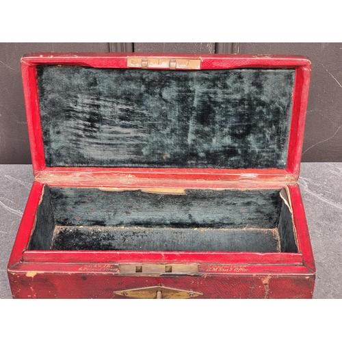 1534 - A rare Victorian red leather 'War Office' dispatch box, with crown and VR cypher, inscribed 'Wickwar... 