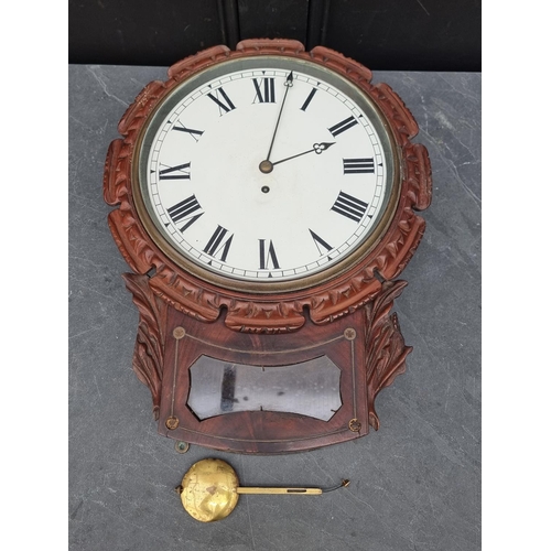 1544 - An early Victorian carved mahogany drop dial fusee wall clock, with 11.5in dial, with pendulum.... 