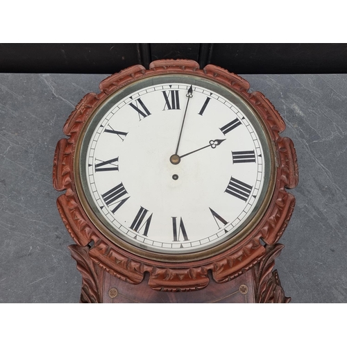 1544 - An early Victorian carved mahogany drop dial fusee wall clock, with 11.5in dial, with pendulum.... 