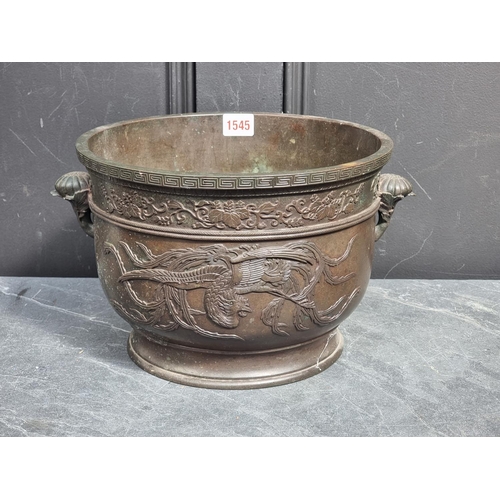 1545 - A large Japanese bronze twin handled censor, 20cm high x 28.5cm diameter.