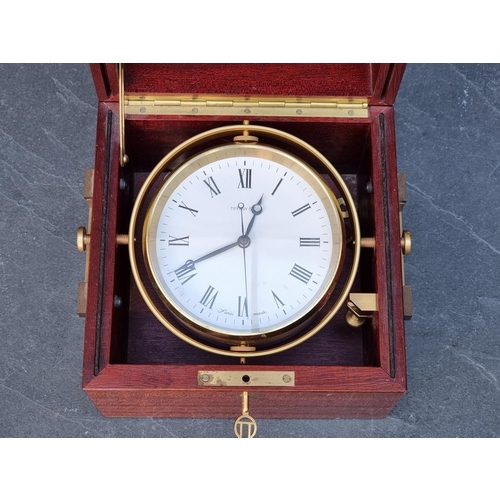 1349 - A Tiffany & Co marine chronometer style desk clock, in mahogany and brass bound box, 18.5cm wide... 