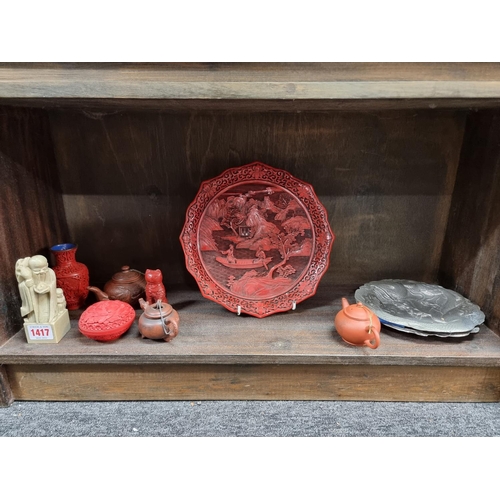 1417 - A mixed group of Chinese items, to include: cinnabar; yixing; and soapstone. (10)