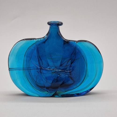 1469 - An early Mdina blue glass 'Fish' vase, by Michael Harris, 14cm high x 18cm wide.