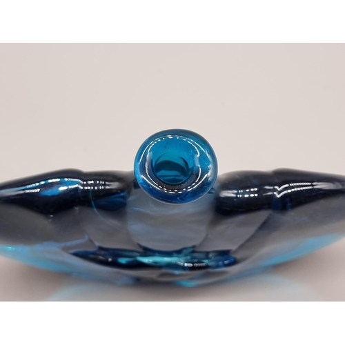 1469 - An early Mdina blue glass 'Fish' vase, by Michael Harris, 14cm high x 18cm wide.