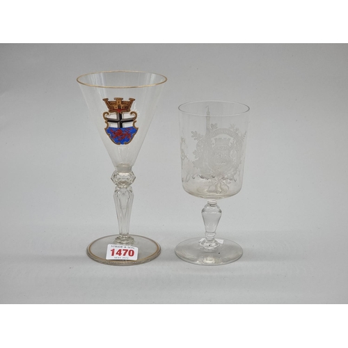 1470 - An interesting glass armorial goblet, finely enamelled, 17.8cm high; together with a 'Souvenir De L'... 