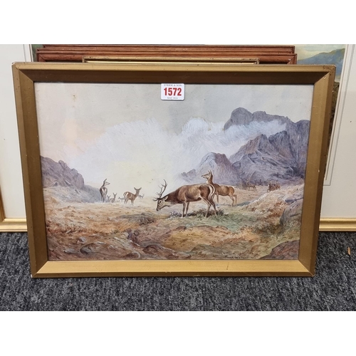 1572 - Frank Wallace, Red Deer in a Highland landscape, signed and dated 1920, watercolour and bodycolour, ... 