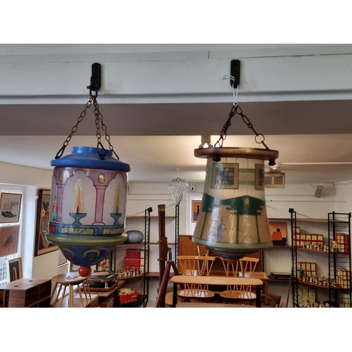 1582 - Two polychrome painted glass ceiling lanterns, largest 32cm high.