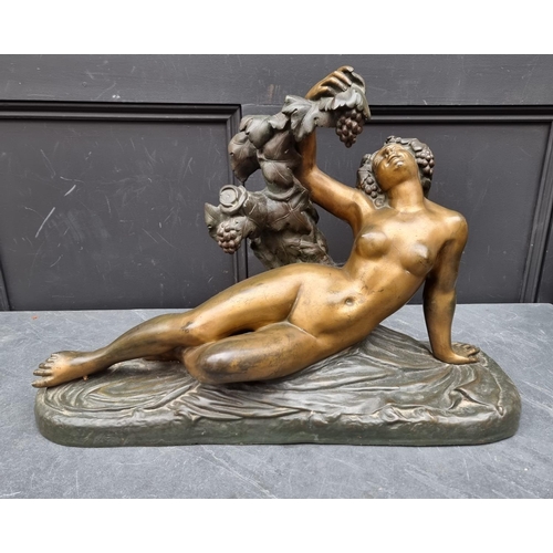 1587 - A large late 19th century French gilt bronze reclining nude Bacchante, 65.5cm wide.... 