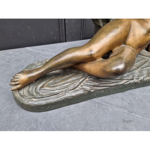 1587 - A large late 19th century French gilt bronze reclining nude Bacchante, 65.5cm wide.... 