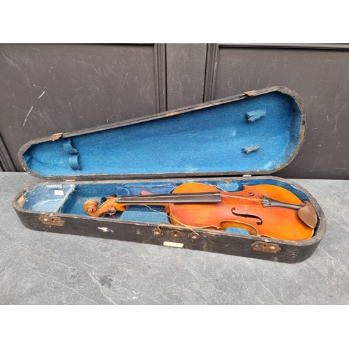 1601 - A violin, with 13in one-piece back, in ebonized case.