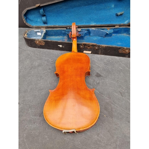 1601 - A violin, with 13in one-piece back, in ebonized case.