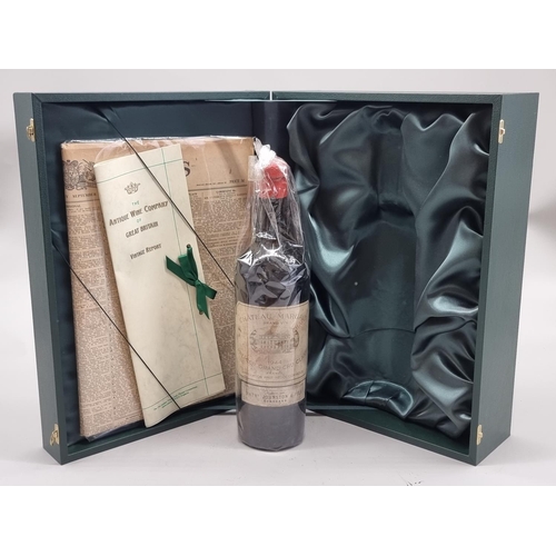 90 - A bottle of Chateau Margaux, 1944, in presentation box, with certification and The Times, September ... 