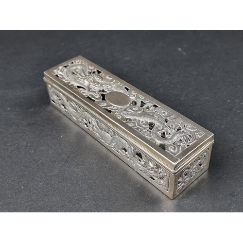 220A - A Chinese white metal rectangular casket, by Wang Hing, stamped 'WH 90', 16cm wide.