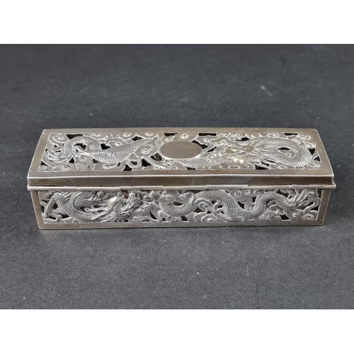 220A - A Chinese white metal rectangular casket, by Wang Hing, stamped 'WH 90', 16cm wide.