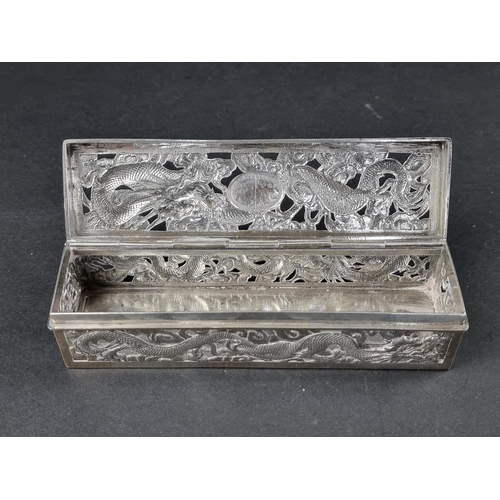 220A - A Chinese white metal rectangular casket, by Wang Hing, stamped 'WH 90', 16cm wide.