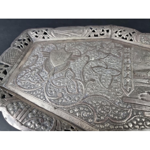 228 - An Indian white metal tray, stamped 'T94', 35cm wide.