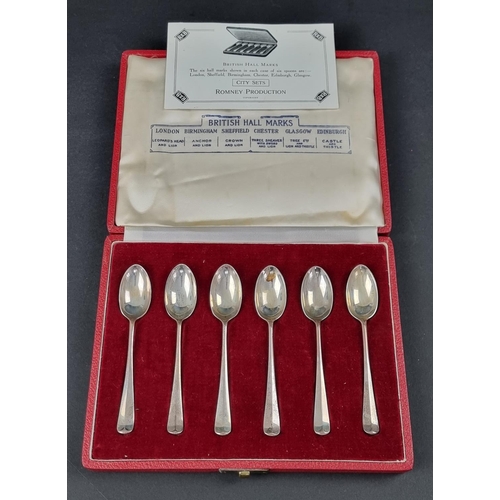 265 - A cased set of six 'British Hallmarks' rat tail teaspoons, by Roberts & Belk Ltd, 1952, 79g.... 