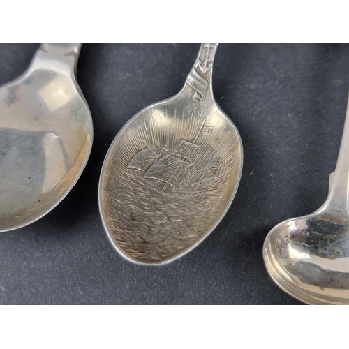 281 - A silver spoon, by Josiah Williams & Co, London 1906; together with seven various silver condime... 