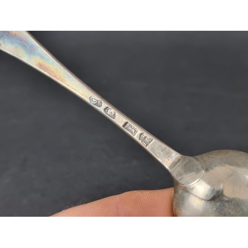 282 - A George II silver mote spoon, 14.5cm; together with five other various silver spoons, weighable 103... 