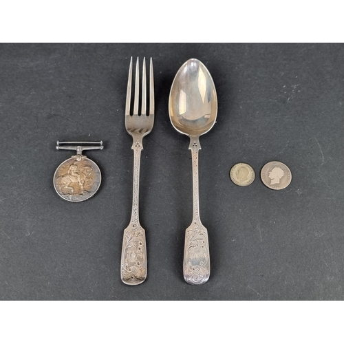 283 - A silver fork, by Charles T Maine, London 1925; together with a silver spoon, a medal and two coins,... 