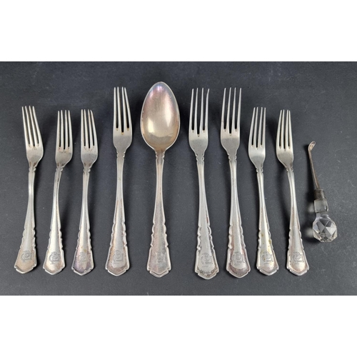 286 - A small group of German white metal cutlery, stamped '800'; together with a Georgian silver mounted ... 