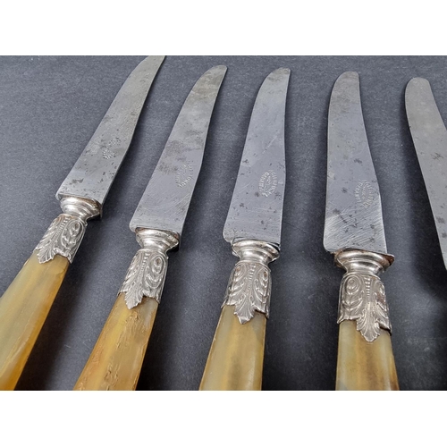 302 - Eleven Continental horn handled table knives, the steel blades stamped 'Acier Fonde, Garanti', 23.8c... 