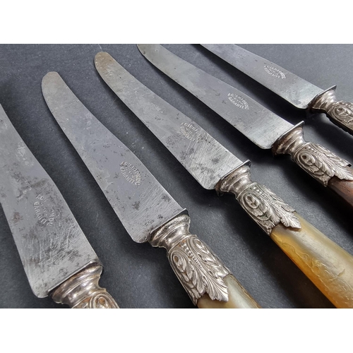 302 - Eleven Continental horn handled table knives, the steel blades stamped 'Acier Fonde, Garanti', 23.8c... 