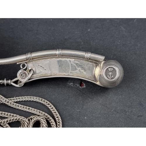 306 - A silver bosun's whistle, by George Unite, Birmingham 1957, 10.5cm long, on a white metal lanyard, g... 