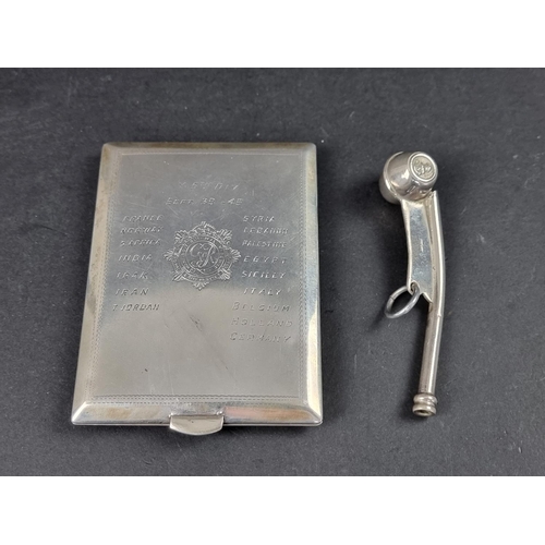 320 - An interesting white metal RASC cigarette case, inscribed 'September 1939-45', 11.5cm long; together... 