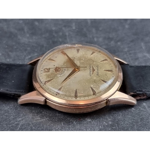 654 - A 1950s Longines 'King Hussein of Jordan' dial gold plated automatic wristwatch, 35mm, on black leat... 