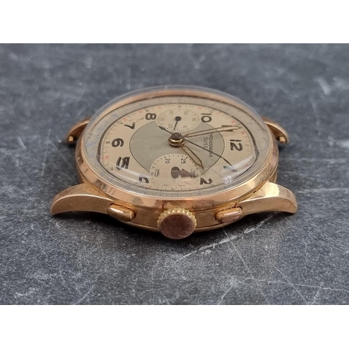 656 - A Chronographe Suisse 18ct gold manual wind wristwatch, 37mm, lacking strap.