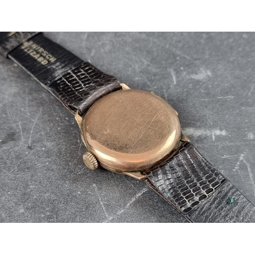 660 - A circa 1940s Swiss 9ct gold manual wind wristwatch, 31mm, import mark Glasgow 1931, on Hirsch black... 