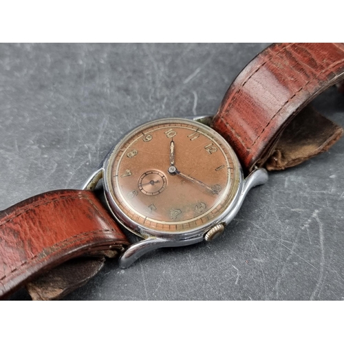 693 - A Swiss WWI Art Deco style stainless steel manual wind wristwatch, 37mm, Ref. 78434, on brown leathe... 