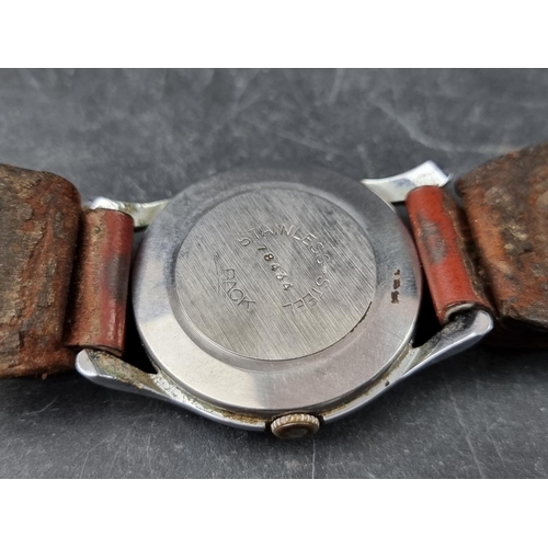 693 - A Swiss WWI Art Deco style stainless steel manual wind wristwatch, 37mm, Ref. 78434, on brown leathe... 