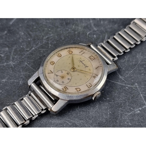 696 - A circa 1950s Accurist stainless steel manual wind wristwatch, 32mm, on stainless steel bracelet.... 