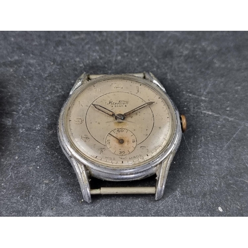 728 - A Swiss WWI trench watch, having unsigned white enamel dial with luminous Arabic markers, 34mm, the ... 