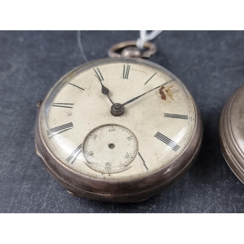 734 - A Victorian silver open faced pocket watch, having unsigned dial and movement, 52mm, key wind, Chest... 